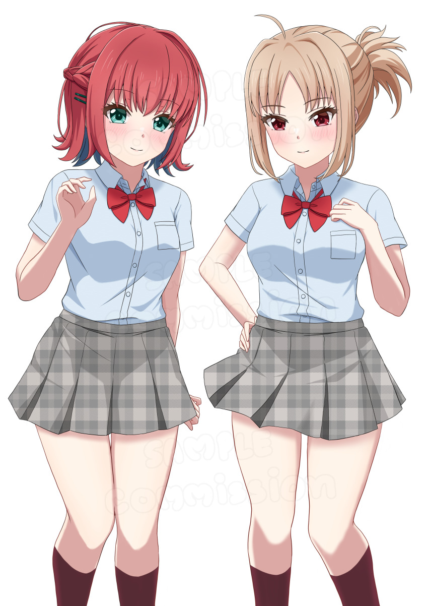 2girls, absurdres, ahoge, arm_at_side, black_socks, bow, bowtie, braid