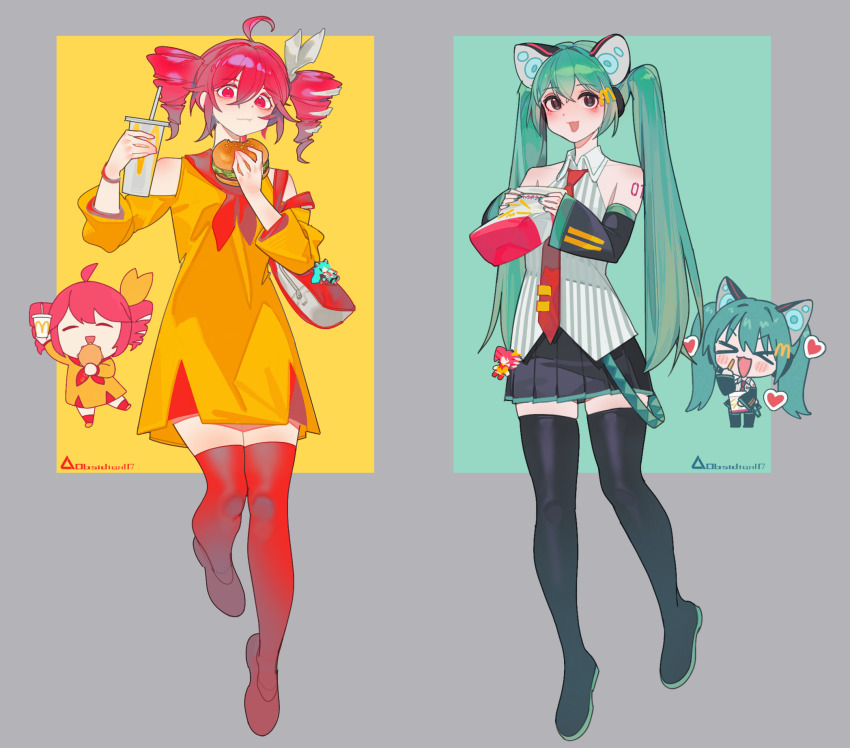 2girls, :t, ahoge, animal_ear_headphones, animal_ears, aqua_hair, black_boots, black_hair, black_skirt, black_thighhighs, blue_background, boots, bow, burger, cat_ear_headphones, cat_ears, charm_(object), chibi, chinese_commentary, collarbone, collared_shirt, cup, disposable_cup, dress, drill_hair, drinking_straw, eating, fake_animal_ears, flat_chest, food, french_fries, full_body, grey_background, hair_between_eyes, hair_ornament, hair_ribbon, hands_up, hatsune_miku, headphones, heart, highres, holding, holding_cup, holding_food, kasane_teto, kasane_teto_(sv), leg_up, long_hair, looking_at_viewer, mcdonald's, miniskirt, multiple_girls, neckerchief, necktie, obsidian117, official_alternate_costume, open_mouth, red_boots, red_eyes, red_hair, red_neckerchief, red_necktie, red_thighhighs, ribbon, shakacat, shirt, short_dress, shoulder_tattoo, skirt, sleeveless, sleeveless_shirt, sleeves_past_fingers, sleeves_past_wrists, standing, striped_clothes, striped_shirt, synthesizer_v, tattoo, teriyaki_(synthesizer_v), thigh_boots, thighhighs, three-quarter_sleeves, twin_drills, twintails, vocaloid, white_bow, white_ribbon, white_shirt, wing_collar, yellow_background, yellow_bow, yellow_dress, zettai_ryouiki