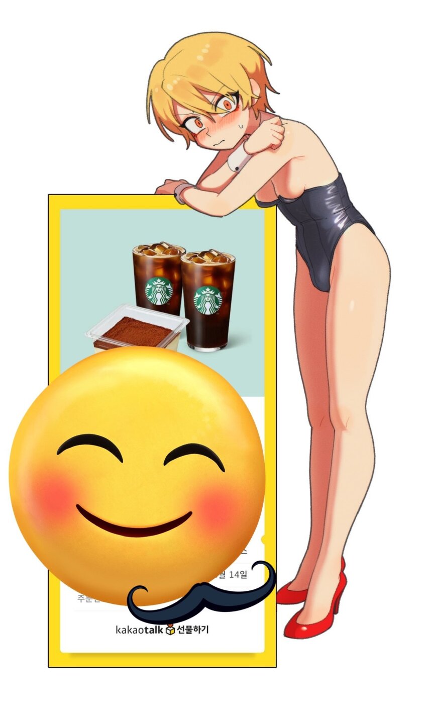 1boy, androgynous, bishounen, black_leotard, blonde_hair, bulge, crossdressing, crossdressing_(mtf), embarrassed, emoji, eyeliner, high_heels, high_school_boy, highres, hong_iltak, kakaotalk, korean_commentary, korean_text, leotard, looking_at_viewer, makeup, male_focus, male_with_breasts, parkgee, puffy_male_chest, red_eyeliner, red_eyes, red_shoes, sanpaku, shoes, short_hair, smile_emoji, solo, starbucks, trap, wrist_cuffs