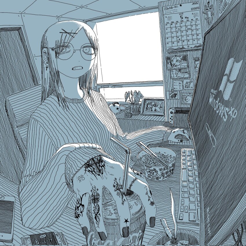 1girl, ashtray, at_computer, calendar_(object), cameo, can, cellphone, chainsaw_man, cigarette, coca-cola, computer, computer_keyboard, cross, cross_earrings, cross_tattoo, desk, drink, drink_can, drinking_straw, earrings, finger_tattoo, foreshortening, frown, glasses, greyscale, hair_ornament, hairclip, hand_tattoo, highres, holding, holding_drink, indoors, instant_cup_noodles, instant_noodles, jewelry, korean_fire_noodles, long_hair, long_sleeves, looking_at_viewer, microsoft_windows, monochrome, nail_polish, nintendo_switch, original, overexposure, parted_bangs, phone, photo_(object), playstation_symbols, pochita_(chainsaw_man), ribbed_sweater, ryaw, sidelighting, smartphone, soda_can, solo, sweater, tattoo, upper_body, window, windows_xp