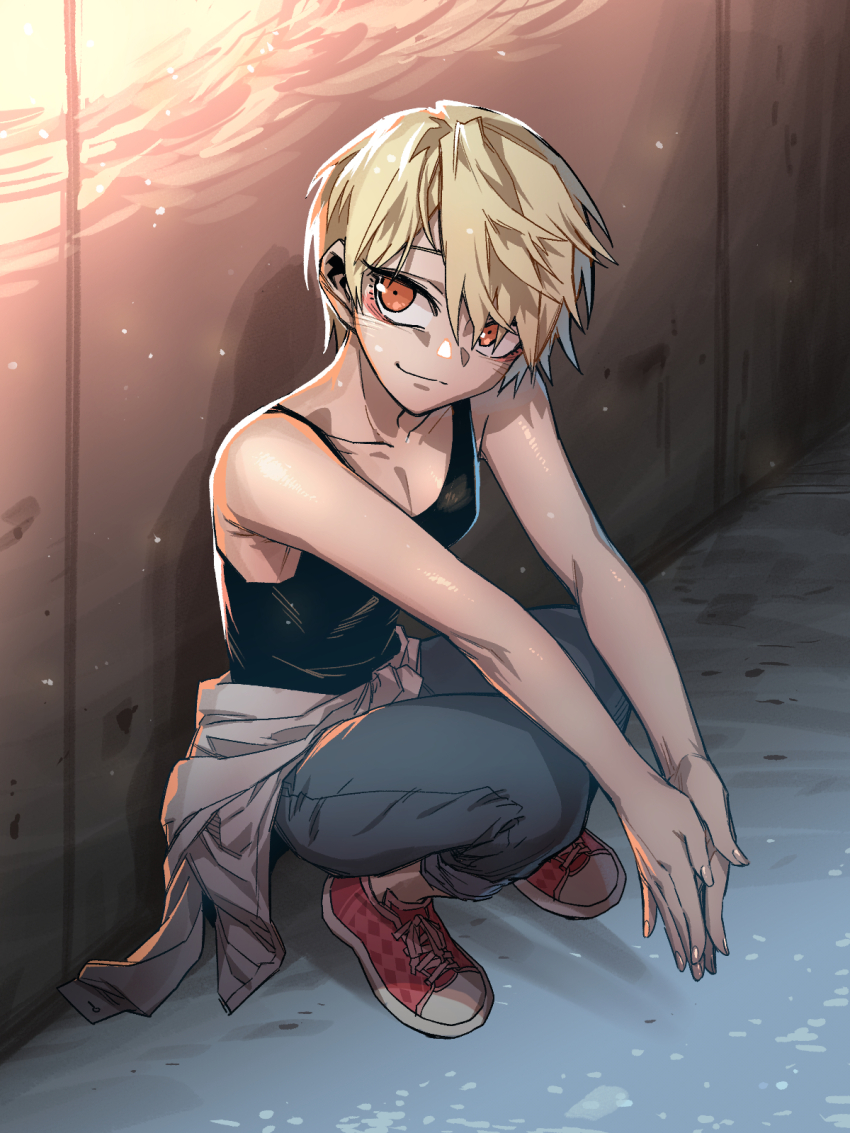 1boy, androgynous, bishounen, black_tank_top, blonde_hair, clothes_around_waist, denim, eyeliner