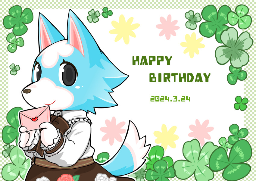 1girl, animal_crossing, black_eyes, bow, brown_bow, brown_skirt, closed_mouth, clover