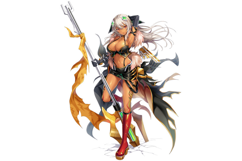 1girl, :o, abs, arm_up, armpits, artist_request, baal_(kamihime_project), bad_source, black_bra, bra, breasts, cleavage, full_body, fur_trim, game_cg, hair_ornament, high_heels, holding, holding_weapon, kamihime_project, navel, official_art, pencil_skirt, red_eyes, skirt, solo, third-party_source, transparent_background, underwear, weapon, white_hair