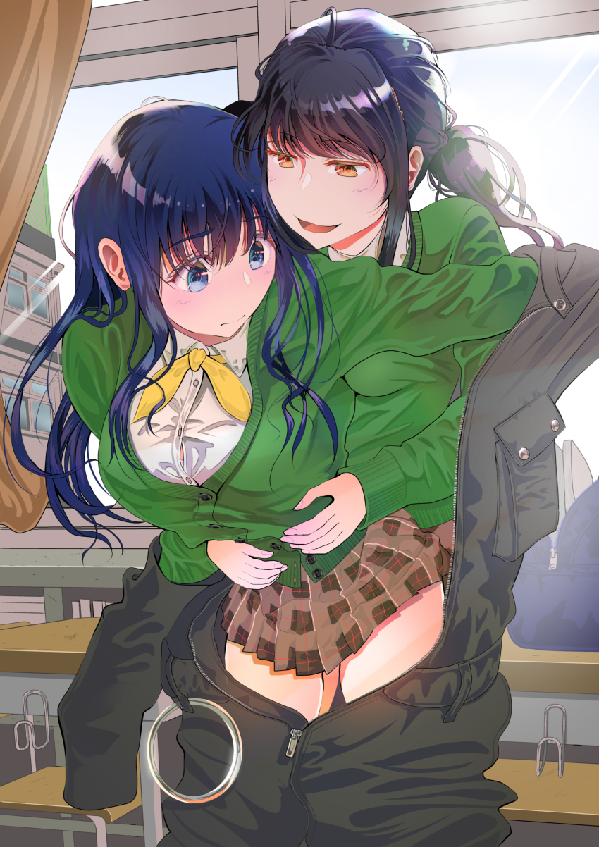 2girls, absurdres, black_hair, blue_eyes, blue_hair, breasts, brown_eyes, brown_skirt, classroom, commentary_request, day, desk, green_sweater, highres, hug, hug_from_behind, indoors, long_hair, medium_breasts, multiple_girls, original, plaid_clothes, plaid_skirt, pocket, school_desk, school_uniform, shared_clothes, shirt, skirt, smile, sweater, tanaka_mamoru_(arxelhea0110), white_shirt, yuri