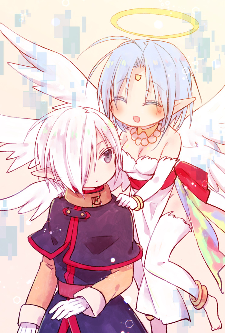 1boy, 1girl, angel_wings, bare_shoulders, blue_hair, breasts, cleavage, dress, elbow_gloves, facial_mark, feathered_wings, filia_(star_ocean), forehead_jewel, forehead_mark, gloves, halo, jewelry, kazuki_aogami, lucifer_(star_ocean), open_mouth, pointy_ears, short_hair, smile, star_ocean, star_ocean:_the_second_story, thighhighs, wings