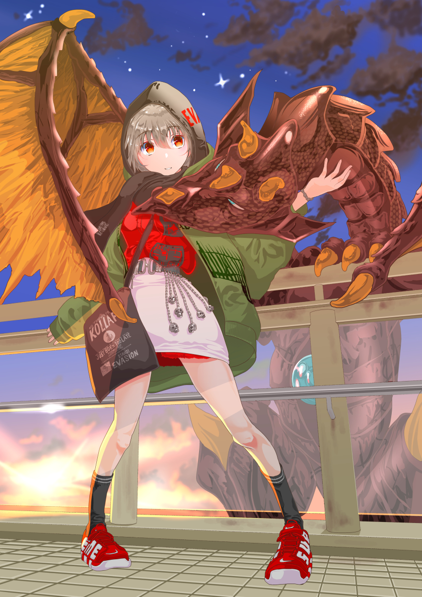 1girl, absurdres, black_socks, brown_hair, cloud, coat, dragon, green_coat