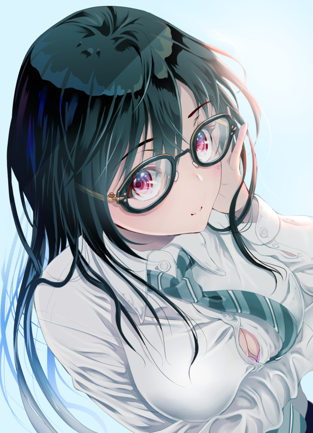 1girl, black-framed_eyewear, black_hair, breast_lift, breasts, cleavage, glasses, grey_necktie