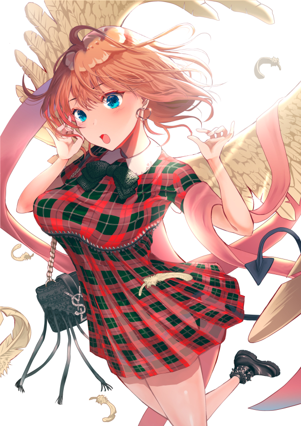 1girl, :o, angel, angel_wings, bad_proportions, bag, black_bow, black_bowtie