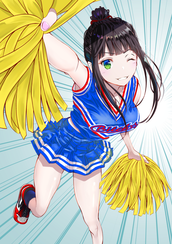 1girl, black_hair, blue_skirt, breasts, cheerleader, foreshortening, green_eyes, long_hair