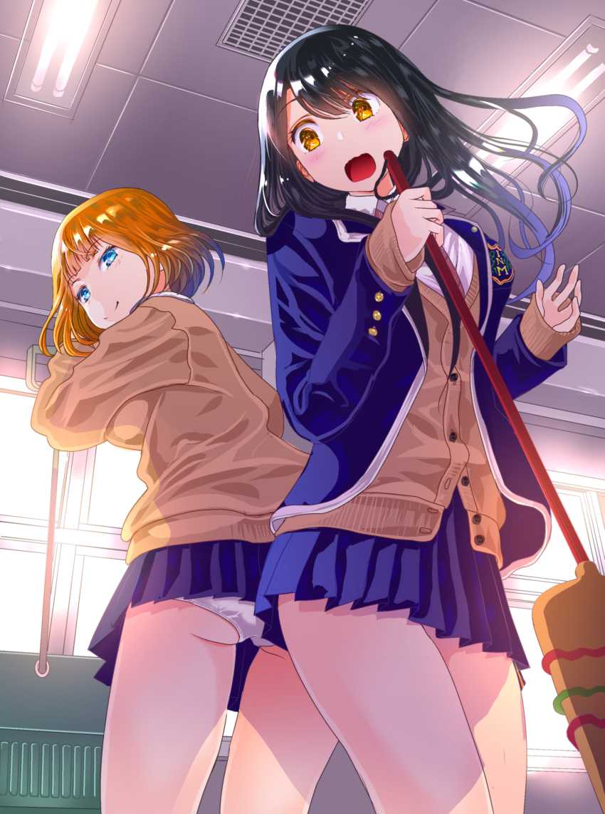 2girls, :o, absurdres, ass, black_hair, blue_eyes, blue_jacket, blue_skirt