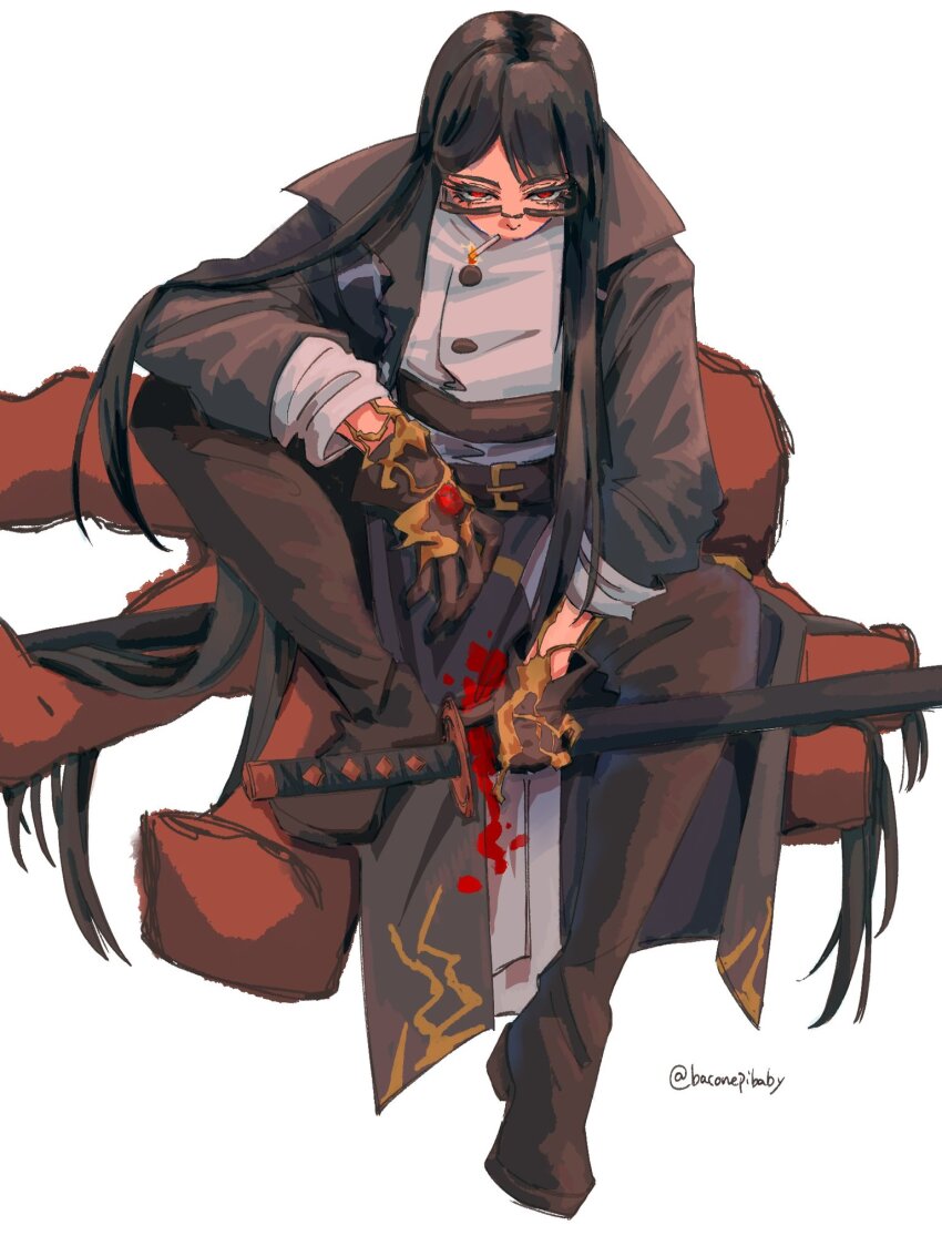 1girl, artist_name, baconepibaby, black_coat, black_gloves, black_hair, black_pants, black_shoes, cigarette, coat, commentary_request, contempt_awe_(e.g.o), e.g.o_(project_moon), full_body, gem, gloves, highres, holding, holding_sword, holding_weapon, limbus_company, long_hair, looking_at_viewer, pants, project_moon, red_eyes, red_gem, ryoshu_(project_moon), shirt, shoes, sidelocks, simple_background, smoking, solo, sword, twitter_username, weapon, white_background, white_shirt