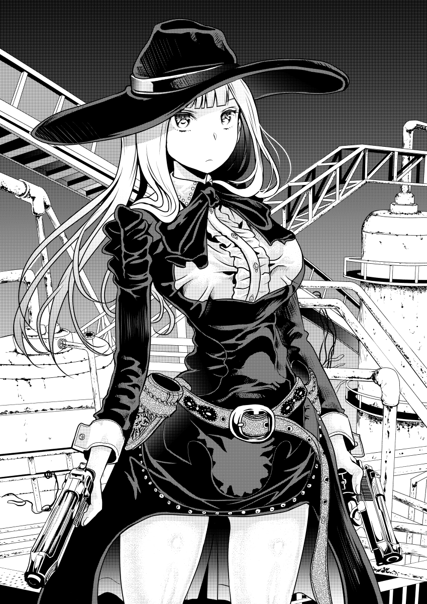 1girl, absurdres, belt, black_bow, bow, dual_wielding, greyscale, gun