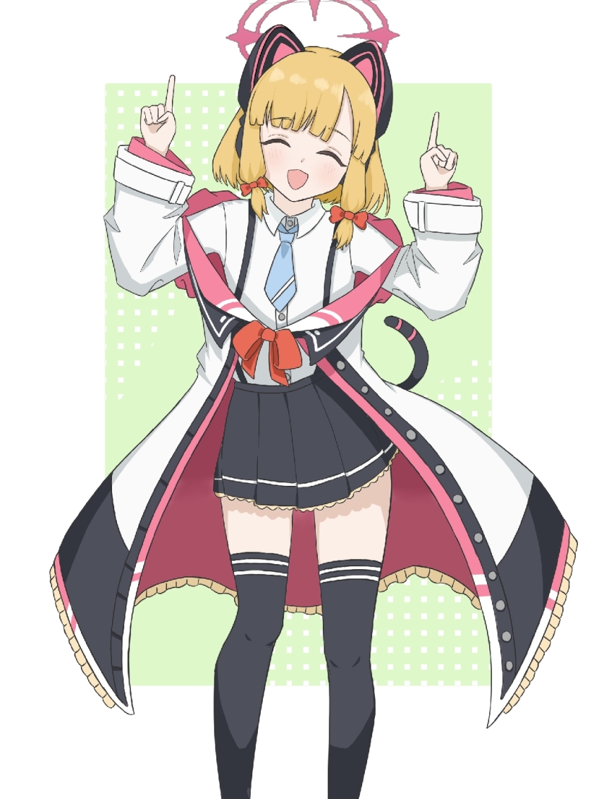 1girl, :d, ^_^, animal_ear_headphones, animal_ears, aqua_necktie, black_tail, black_thighhighs, blonde_hair, blue_archive, blunt_bangs, blush, border, bow, buttons, cat_ear_headphones, cat_ears, cat_tail, chinese_commentary, closed_eyes, collared_shirt, commentary_request, dot_nose, dotted_background, facing_viewer, fake_animal_ears, fake_tail, feet_out_of_frame, frilled_jacket, frilled_skirt, frills, green_background, hair_bow, halo, happy, headphones, highres, hood, hood_down, hooded_jacket, huashijie_(medium), internet_yamero, jacket, long_sleeves, low-tied_sidelocks, making-of_available, medium_hair, miniskirt, momoi_(blue_archive), multicolored_jacket, multiple_hair_bows, necktie, off_shoulder, open_clothes, open_jacket, open_mouth, outside_border, parted_bangs, pigeon-toed, pink_halo, pink_jacket, pink_trim, pleated_skirt, pointing, pointing_up, red_bow, school_uniform, shirt, shirt_tucked_in, sidelocks, skirt, smile, solo, standing, suspender_skirt, suspenders, tail, tail_raised, thighhighs, two-sided_fabric, two-sided_jacket, white_border, white_jacket, white_shirt, year_yail, zettai_ryouiki
