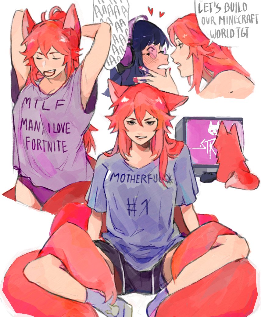 2girls, animal_ears, armpits, blush, closed_eyes, genshin_impact, glasses, hair_tie