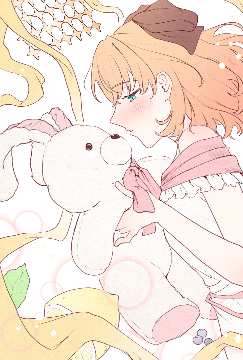 1girl, blueberry, blush, bow, brown_bow, commentary, dress, food