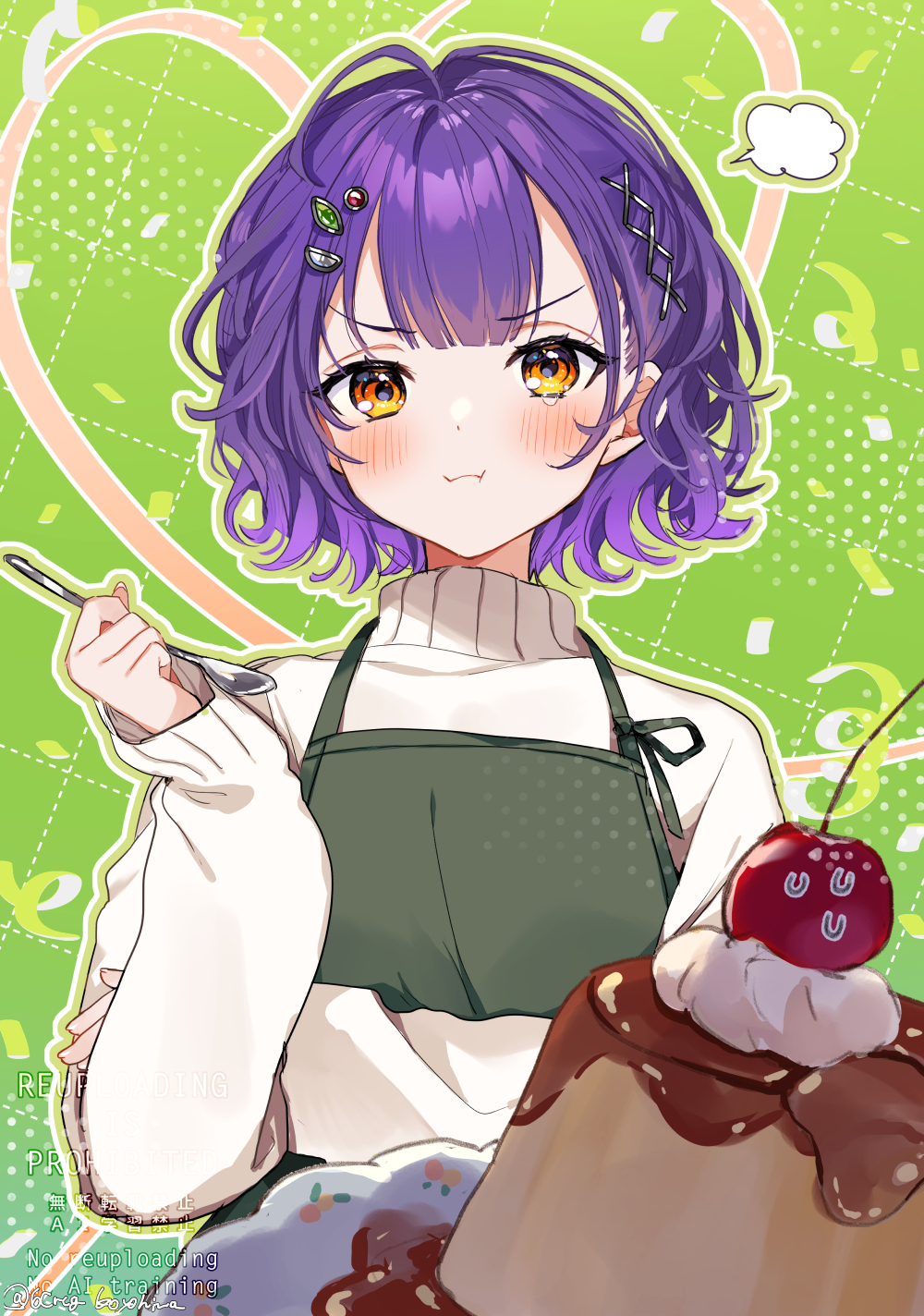 1girl, 6crcg, :i, ahoge, apron, artist_name, blush, cherry