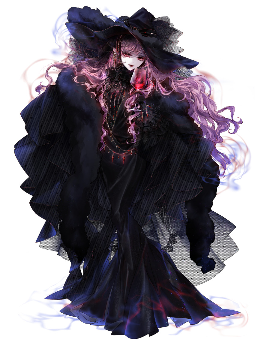 1girl, black_dress, black_gloves, black_hat, chain_paradox, cup, dress, earrings, eyelashes, full_body, gloves, hat, highres, holding, holding_cup, jewelry, long_hair, looking_at_viewer, luna_candatura, miyo1101, pink_hair, red_eyes, solo, transparent_background, very_long_hair, witch_hat
