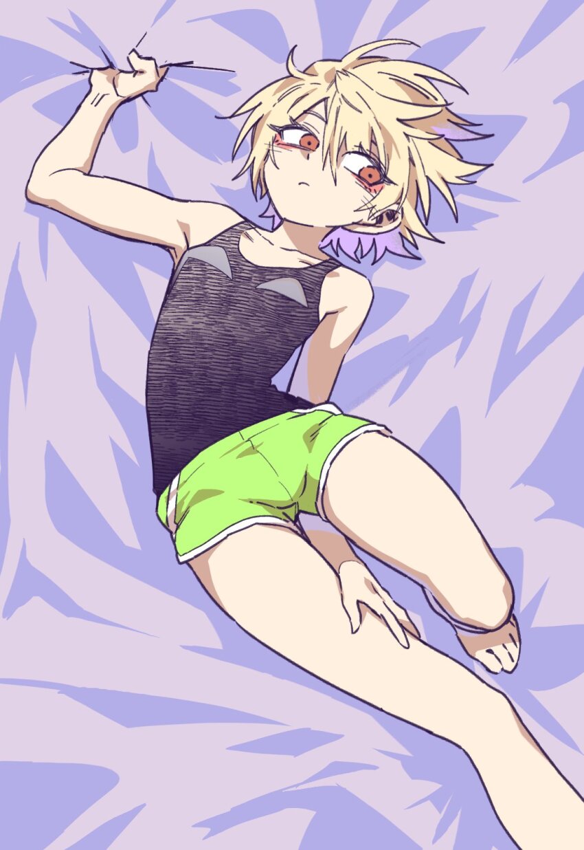 1boy, androgynous, arm_behind_back, barefoot, between_legs, bishounen, black_tank_top, blonde_hair