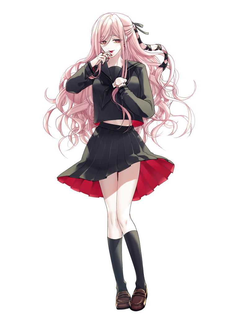 1girl, black_serafuku, black_shirt, black_skirt, black_socks, brown_shoes, chain_paradox, earrings, full_body, jewelry, kneehighs, kouco_(kouno), lipstick, loafers, long_hair, long_sleeves, looking_at_viewer, luna_candatura, makeup, midriff_peek, pink_hair, red_eyes, red_nails, ring, sailor_collar, school_uniform, serafuku, shirt, shoes, skirt, socks, solo, standing