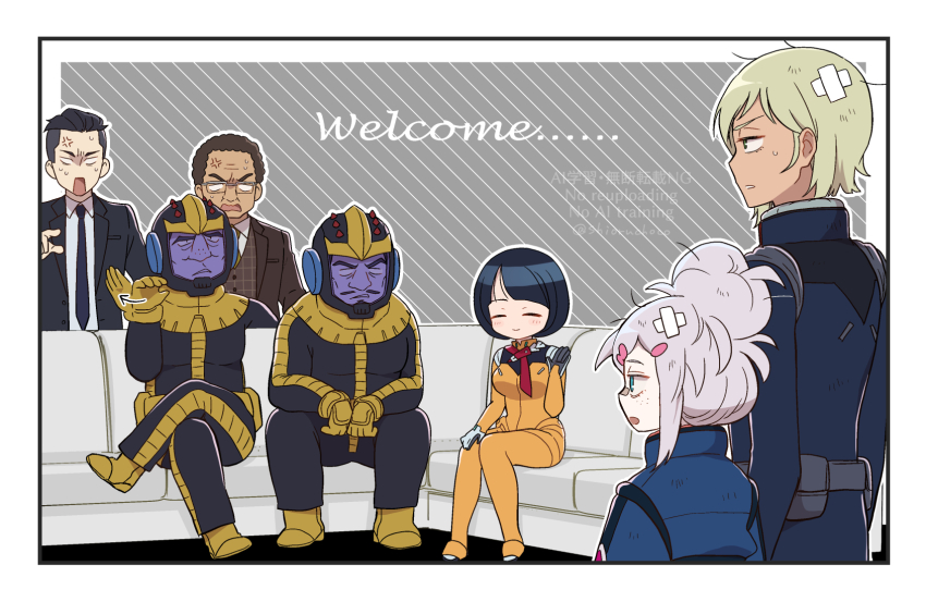 2girls, 5boys, anger_vein, artist_name, bandaid, beard, black_hair, black_suit, blue_eyes, bob_cut, breasts, closed_eyes, closed_mouth, commentary, couch, deux_murasame, english_text, facial_hair, formal_clothes, freckles, gaia_(gundam), gates_capa, grey_hair, gundam, gundam_gquuuuuux, helmet, highres, jacket, long_hair, mecha_pilot_suit, mixed-language_text, multiple_boys, multiple_girls, nanananona, necktie, normal_suit_(gundam), on_couch, open_mouth, ortega_(gundam), science_fiction, shiiko_sugai, shirt, short_hair, smile, suit, untranslatable_commentary, twitter_username