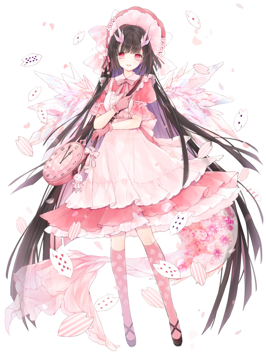 1girl, black_hair, black_shoes, card, chain_paradox, clock, colored_inner_hair, dragon_tail