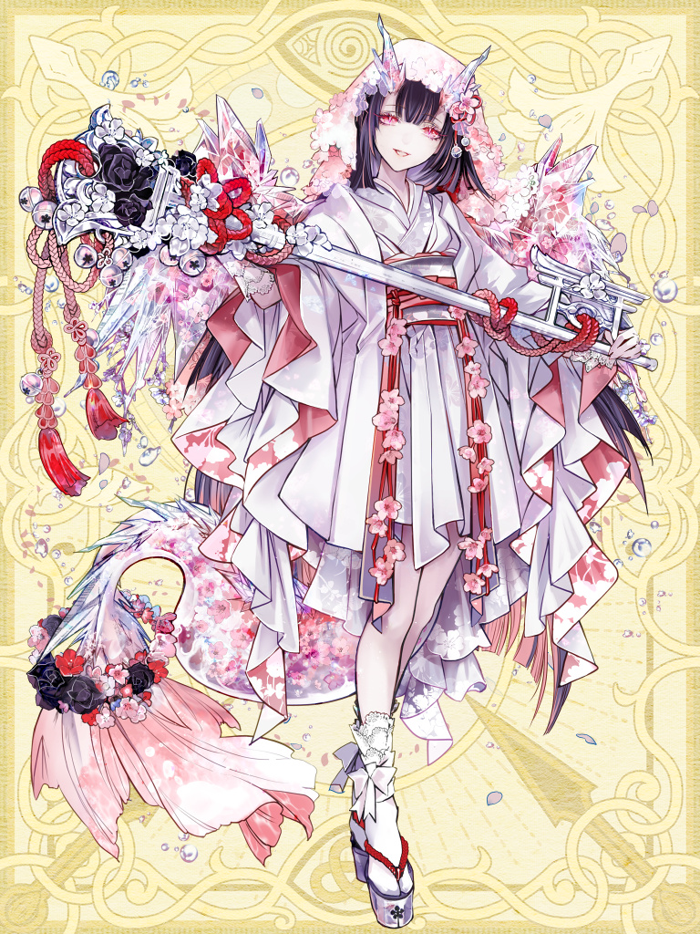 1girl, black_hair, chain_paradox, dragon_tail, full_body, holding, holding_weapon, horns