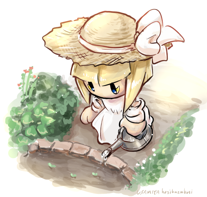 1girl, alternate_costume, blonde_hair, dress, hat, holding, holding_watering_can, hosikuzubosi_(avvf2277), kirby_(series), kirby_star_allies, looking_down, nintendo, rayman_limbs, signature, solo, straw_hat, sundress, watering, watering_can, zan_partizanne