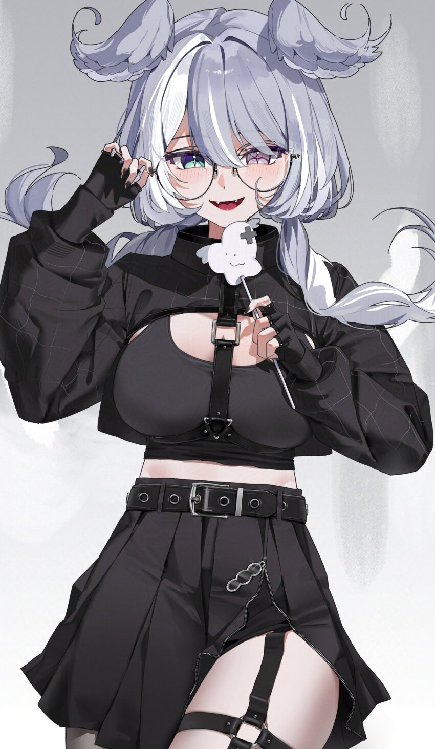 1girl, absurdres, adjusting_eyewear, aqua_eyes, black_skirt, blue_hair, blush, breasts