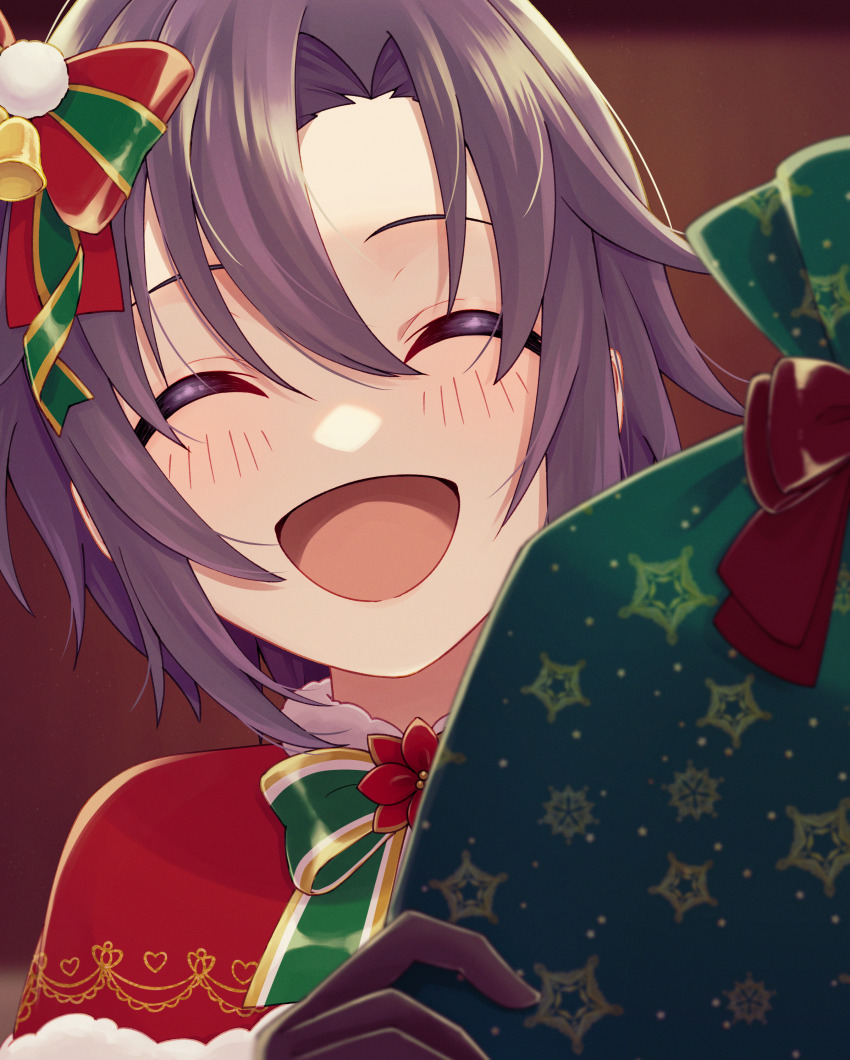 1girl, absurdres, black_gloves, black_hair, bow, bowtie, christmas, closed_eyes