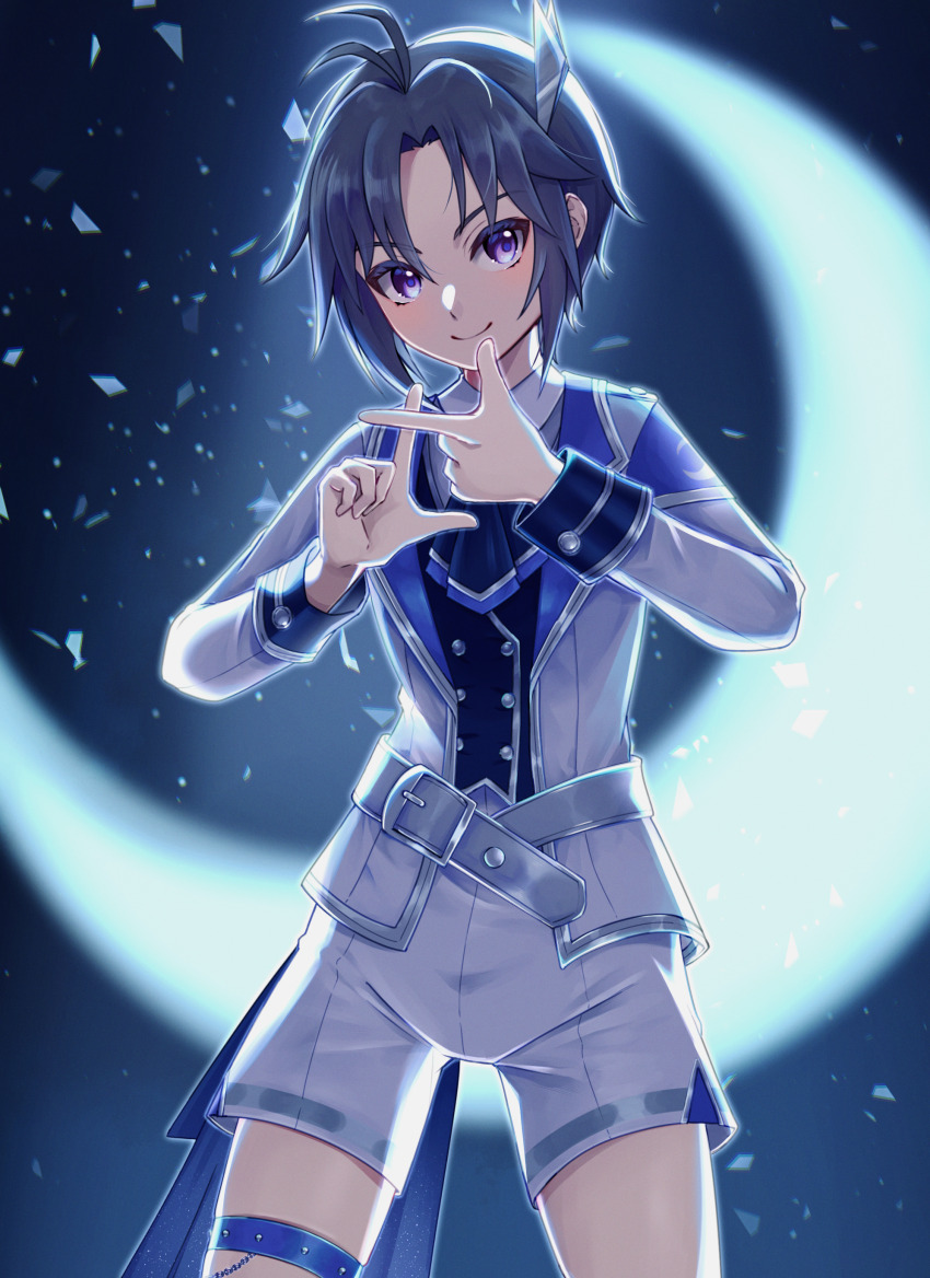 1girl, absurdres, antenna_hair, ascot, belt, black_ascot, black_hair, closed_mouth, collared_jacket, crescent_moon, hands_up, highres, idolmaster, idolmaster_(classic), idolmaster_million_live!, idolmaster_million_live!_theater_days, jacket, kikuchi_makoto, long_sleeves, moka7ha, moon, purple_eyes, short_hair, shorts, smile, solo, standing, thigh_strap, white_belt, white_jacket, white_shorts