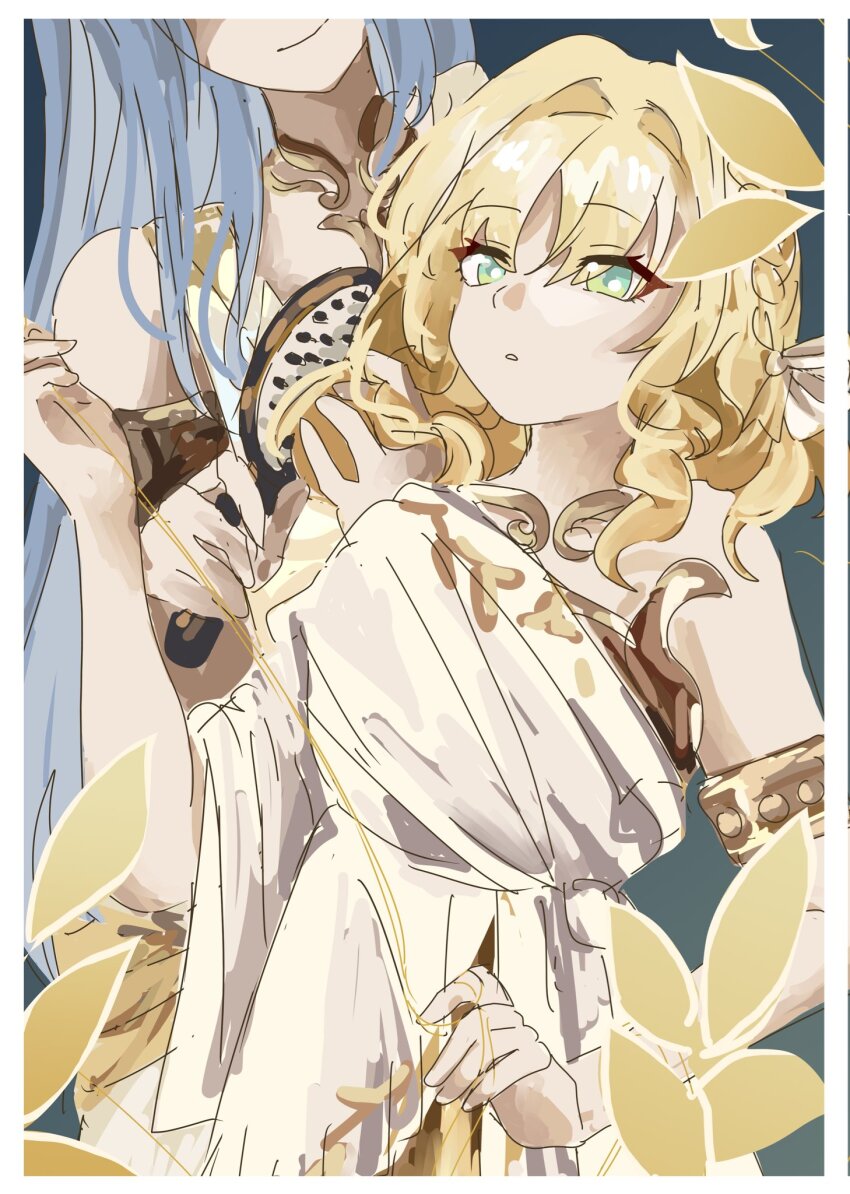 2girls, aged_down, aglaea_(honkai:_star_rail), blonde_hair, blue_hair, commentary, dress, english_commentary