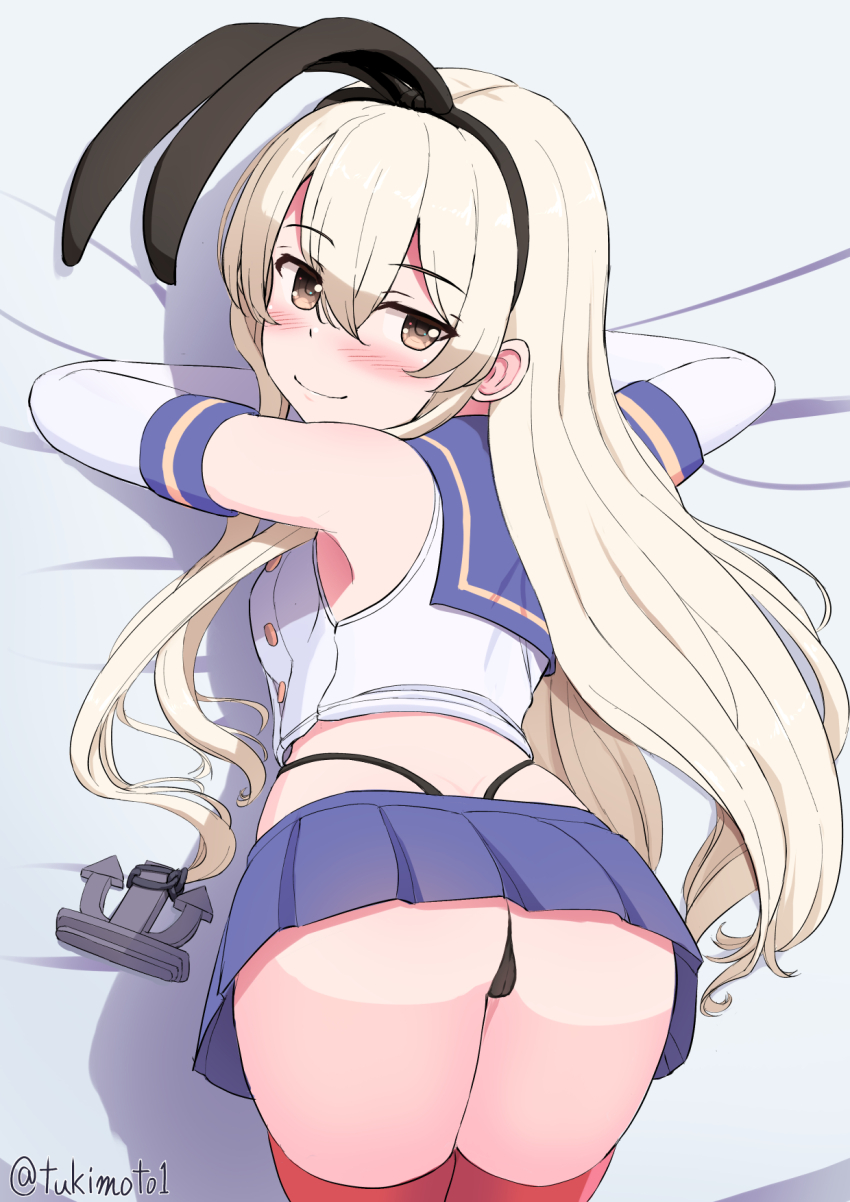 1girl, anchor_hair_ornament, animal_ears, arms_up, ass, bare_shoulders, black_hairband, black_panties, black_ribbon, blonde_hair, blue_sailor_collar, blue_skirt, blush, breasts, butt_crack, buttons, commentary_request, cropped_shirt, double-breasted, elbow_gloves, from_behind, gloves, hair_between_eyes, hair_ornament, hair_ribbon, hairband, highleg, highleg_panties, highres, hip_focus, kantai_collection, long_hair, looking_at_viewer, looking_back, lying, microskirt, midriff, on_bed, on_stomach, panties, pleated_skirt, rabbit_ears, ribbon, sailor_collar, school_uniform, serafuku, shimakaze_(kancolle), shirt, skirt, sleeveless, sleeveless_shirt, small_breasts, smile, solo, thighs, thong, top-down_bottom-up, tsukimoto_reiji, underwear, very_long_hair, white_gloves, white_shirt, yellow_eyes