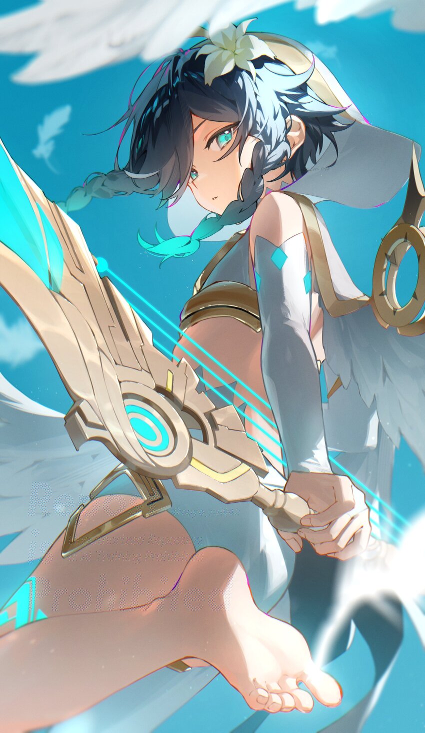 1boy, absurdres, androgynous, back, barefoot, black_hair, blue_eyes, blue_hair