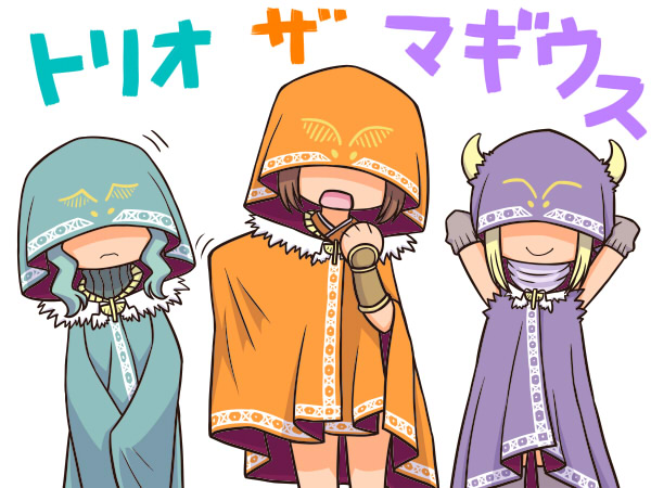 3girls, aqua_cloak, aqua_hair, blonde_hair, brown_hair, cloak, feather_(magia_record), futaba_sana, jewelry, magia_record:_mahou_shoujo_madoka_magica_gaiden, magical_girl, mahou_shoujo_madoka_magica, mitsuki_felicia, multiple_girls, necklace, orange_cloak, purple_cloak, shy, smile, wings_of_magius, yui_tsuruno, yuuki_akira