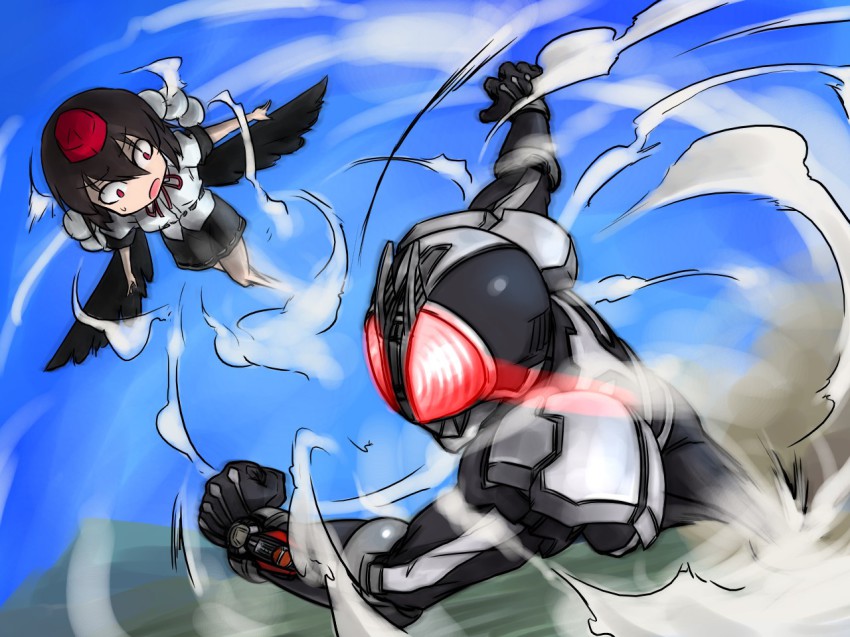 cinnamon_sabaku, crossover, flying, glowing, glowing_eyes, kamen_rider, kamen_rider_555, kamen_rider_faiz, shameimaru_aya, touhou