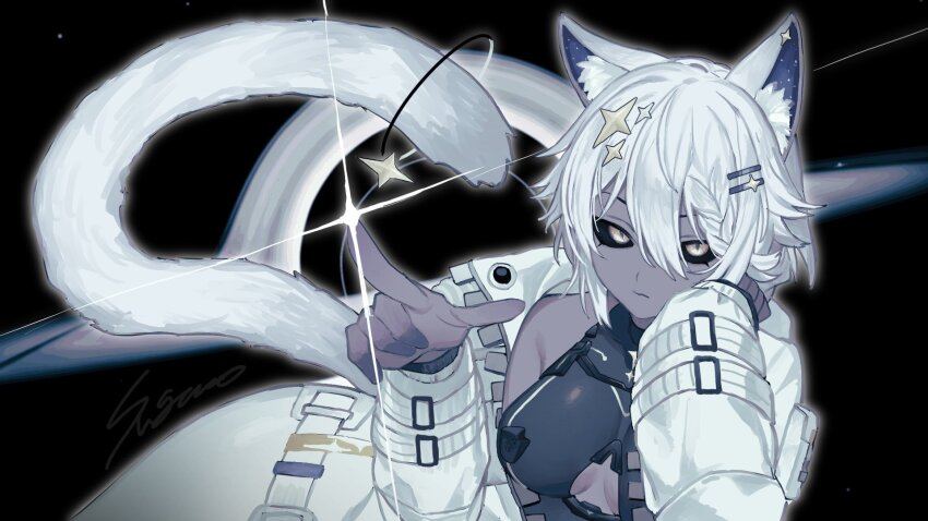 animal_ears, black_hole, black_sclera, breasts, cat_ears, cat_tail, cleavage_cutout, clothing_cutout