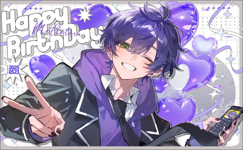1boy, 2025, balloon, black_jacket, black_nails, dated, english_text, green_eyes, grin, hair_ornament, hairclip, happy_birthday, heart_balloon, highres, holding, holding_phone, jacket, looking_at_viewer, male_focus, meltstera, mikoccccchan, one_eye_closed, phone, purple_hair, real_life, smile, solo, teeth, v