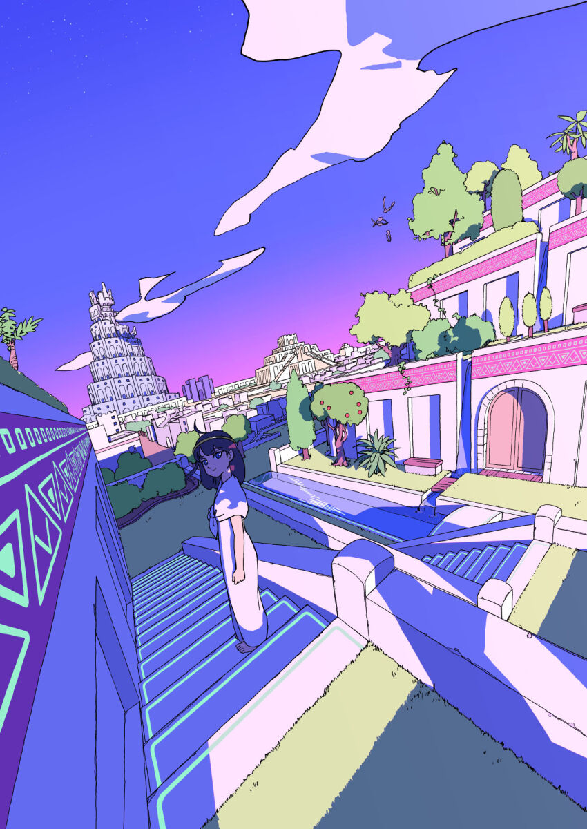 1girl, akabane_1999, barefoot, black_hair, blue_eyes, building, bush, cloud