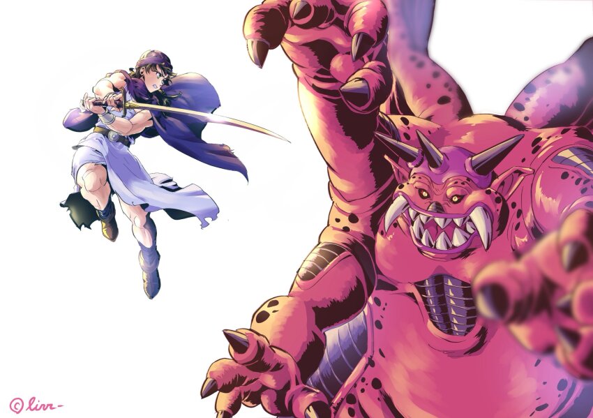 2boys, black_hair, black_horns, black_sclera, blue_eyes, boots, cape, clenched_teeth