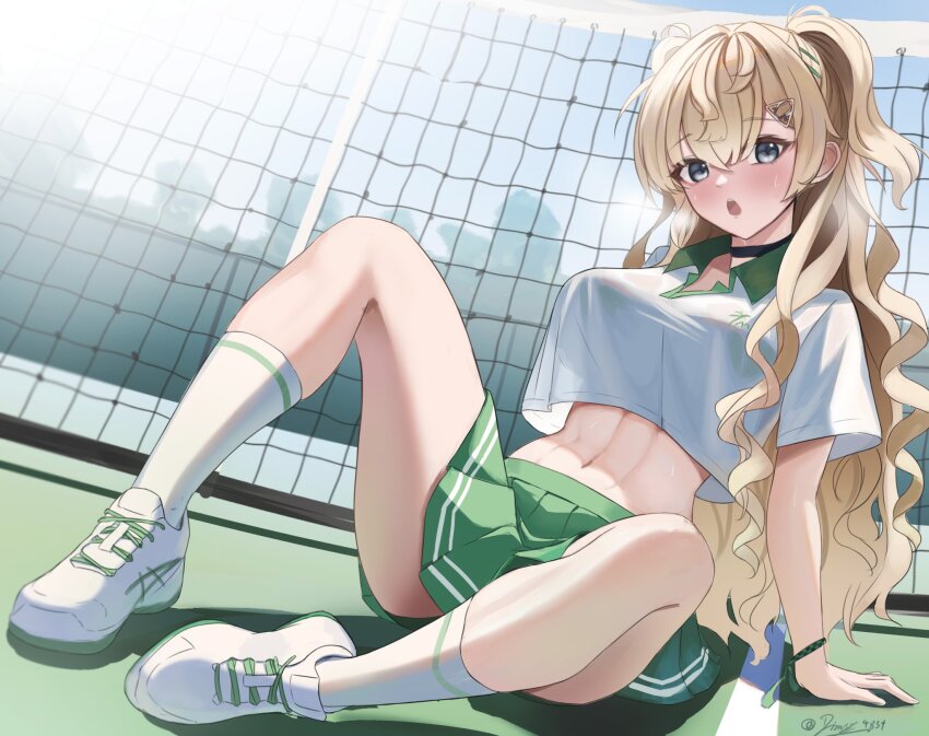 1girl, abs, black_choker, blonde_hair, blue_eyes, blush, breasts, choker