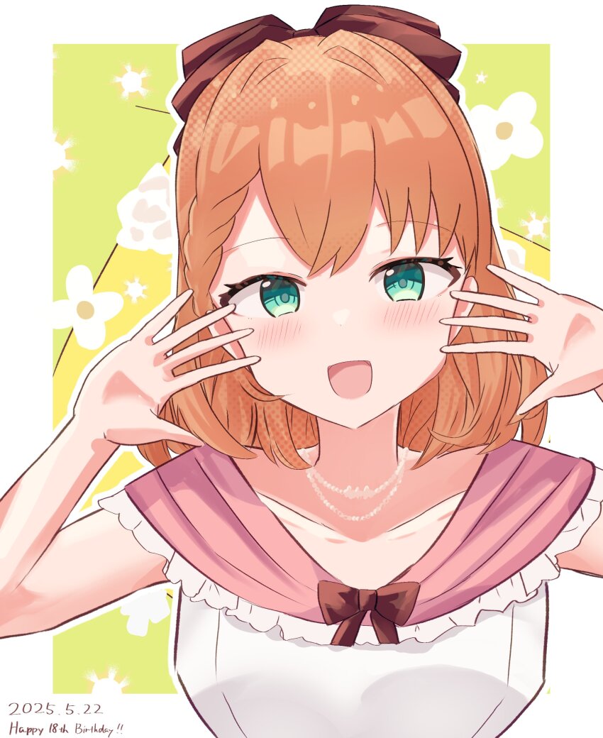 1girl, :d, absurdres, aqua_eyes, border, bow, braid, braided_bangs