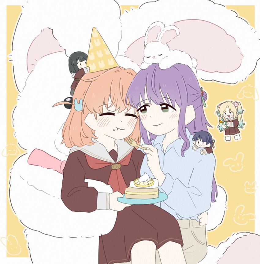 5girls, :>, :t, adjusting_another's_clothes, adjusting_clothes, adjusting_headwear, alternate_costume, animal