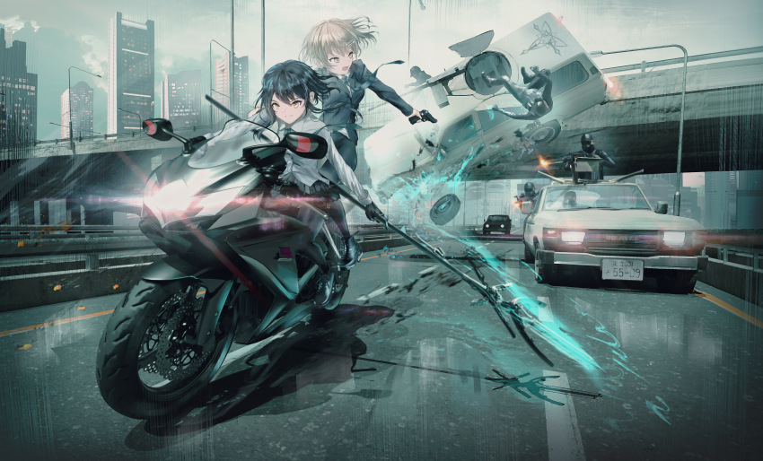 2girls, 5others, battle, black_hair, black_pantyhose, car, city, drive-by