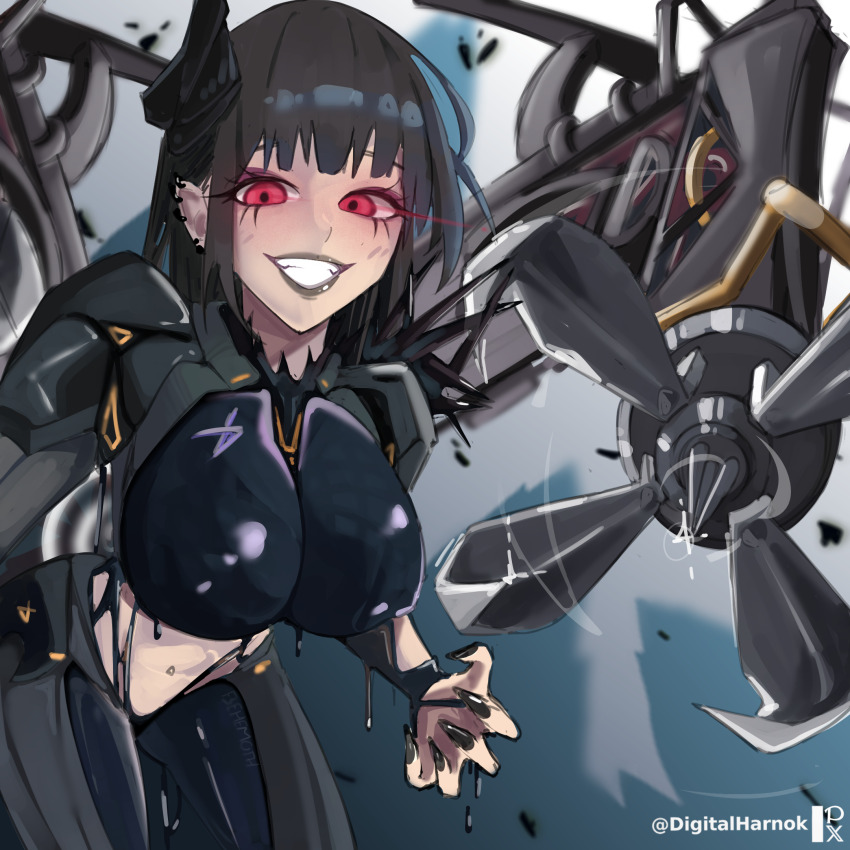 1girl, behemoth_(nikke), black_hair, black_horns, black_nails, bodysuit, breasts, digitalharnok