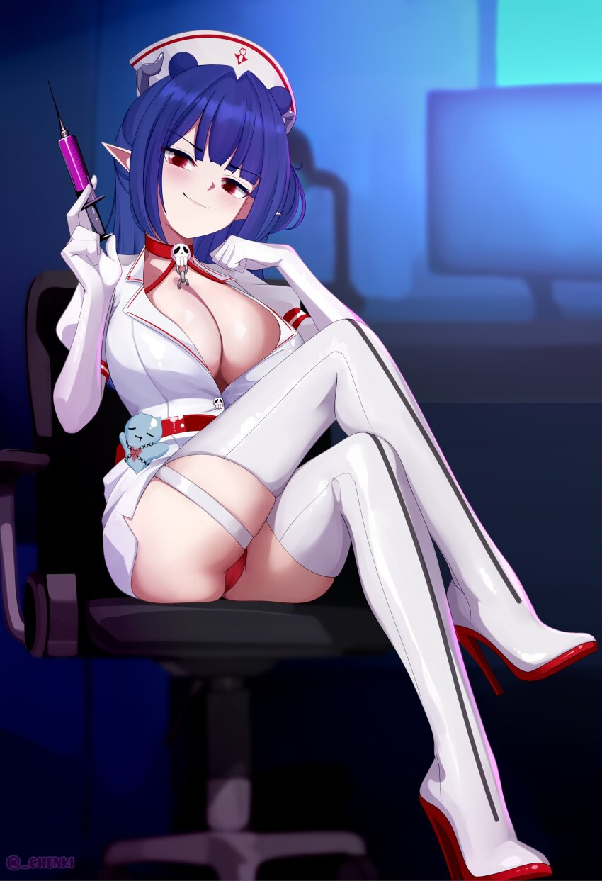 1girl, absurdres, blue_hair, boots, breasts, chair, chenki_(chenki), closed_mouth
