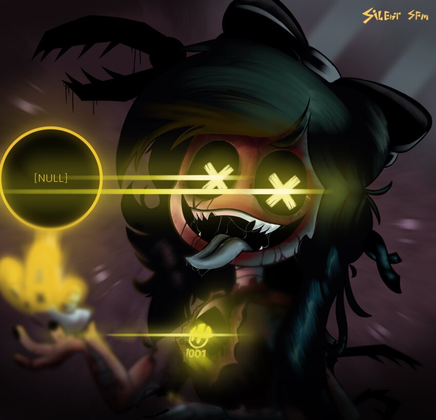 1girl, armband, asymmetrical_eyelashes, black_bow, black_dress, bow, collared_suit, cyn_(murder_drones)