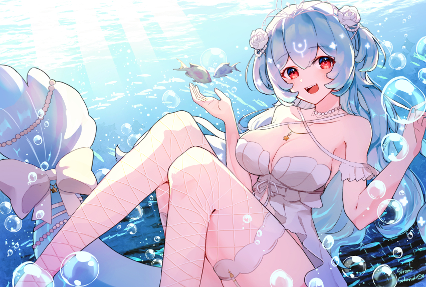 0_sakana_san, 1girl, artist_name, bao_the_whale, blue_hair, bow, breasts, bubble