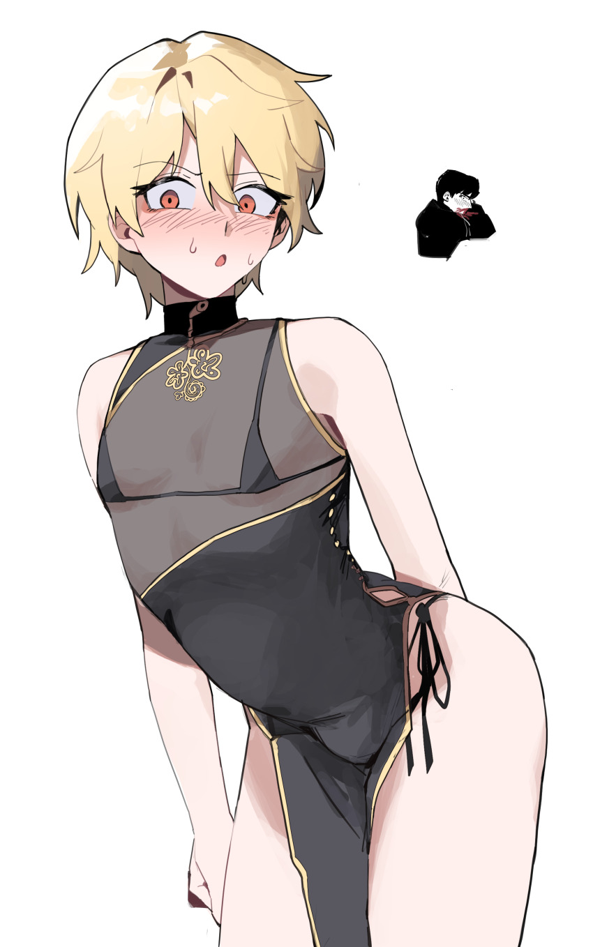 absurdres, androgynous, bikini, bishounen, black_dress, black_hair, blonde_hair, blood, blush, chinese_clothes, crossdressing, doku, dress, eyeliner, high_school_boy, highres, hong_iltak, lee_hyunwoo, makeup, male_with_breasts, micro_bikini, nosebleed, panties, pelvic_curtain, puffy_male_chest, red_eyeliner, red_eyes, sanpaku, see-through_clothes, see-through_dress, side-tie_panties, simple_background, sweatdrop, swimsuit, trap, underwear, white_background