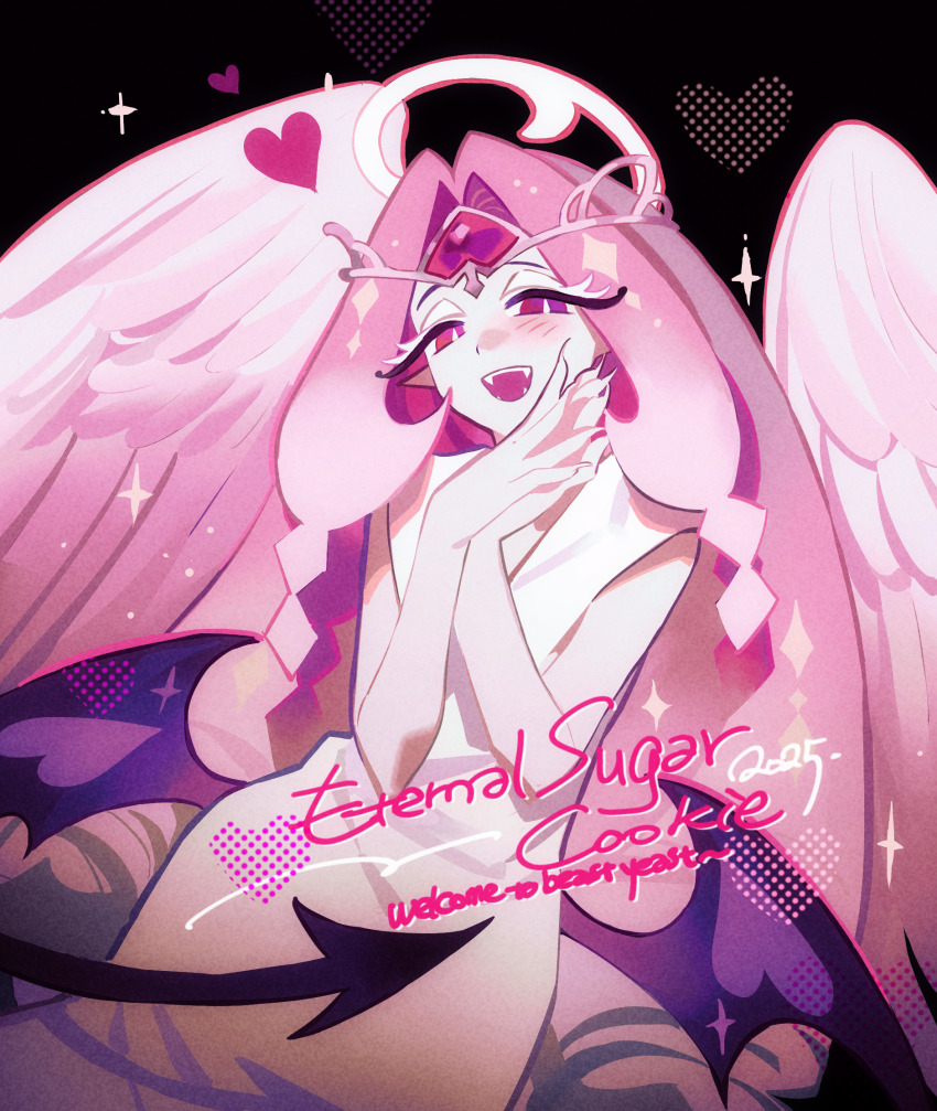 1girl, angel, angel_wings, character_name, colored_skin, cookie_run, cookie_run:_kingdom, demon_tail