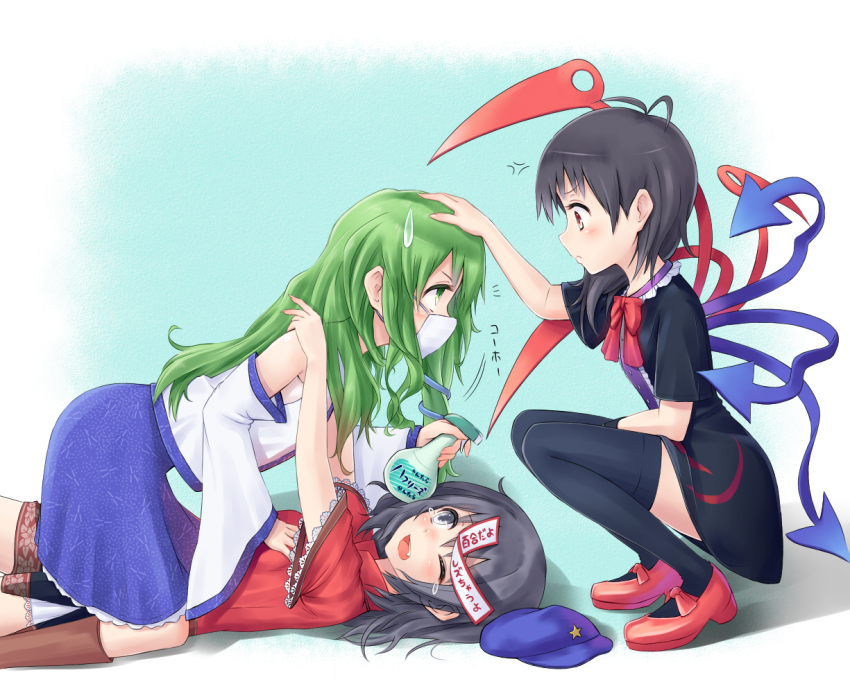 3girls, ahoge, anger_vein, black_eyes, black_hair, black_legwear, bottle, detached_sleeves, dress, expressive_clothes, febreze, female_focus, girl_on_top, green_eyes, green_hair, grey_eyes, grey_hair, hand_on_another's_head, hat, unworn_hat, unworn_headwear, houjuu_nue, jiangshi, kochiya_sanae, long_hair, lying, mask, miyako_yoshika, mouth_mask, multiple_girls, ofuda, on_back, one_eye_closed, short_hair, skirt, spray, spray_bottle, squatting, star_(symbol), straddling, surgical_mask, suzushiro_yukari, sweatdrop, tears, thighhighs, touhou, wings, wink, yuri, zettai_ryouiki